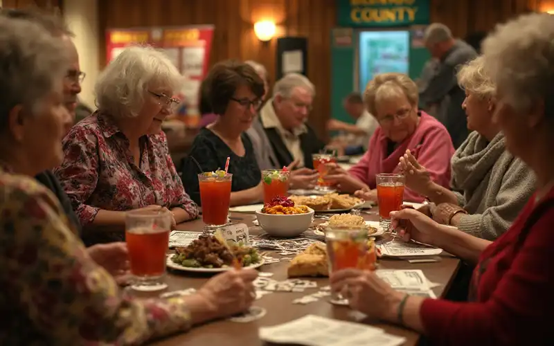 A lively community bingo night scene at a cozy community center, featuring a group of elegantly dressed ladies from Fanning County gathered around tables. The room is warmly lit, creating a welcoming and festive atmosphere. Tables are adorned with bingo cards, colorful daubers, and an assortment of cocktails. Some tables have delicious catered dishes and potluck items. In the background, a large bingo board displays numbers, and a small stage holds a cheerful announcer. Gift certificates and small prizes are visible on a prize (1)