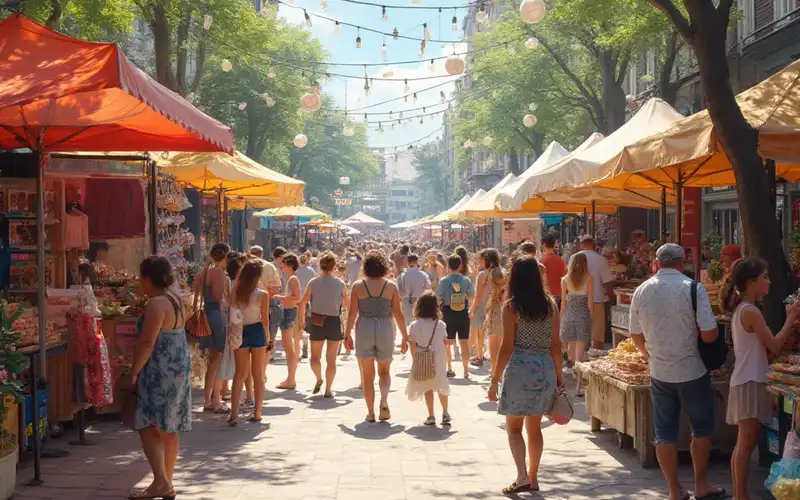 A bustling summer shopping market scene set in a vibrant downtown trade center. The image features a wide array of colorful vendor stalls with eye-catching displays of womens and childrens clothing, unique home decor, and enticing homemade baked goods. Food trucks and coffee carts add to the lively atmosphere, with people milling about, carrying shopping bags, and sampling treats. The setting is bright and sunny, with strings of festive lights and banners overhead. The composition captures the excitement and hustle of the market, with a focus on diverse shoppers (1)